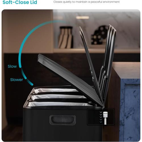 Home Zone Living 24 Gallon Kitchen Trash Can with Three Removable Compartments for Recycling and Trash, Stainless Steel, Black, 8 Gallons Each