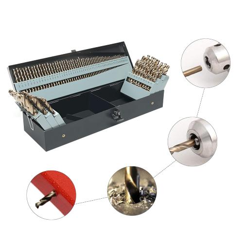 115Pcs Cobalt Drill Bits Set, M35 High Speed Steel, 135 Degree Tip, Twist Jobber Length Drill Bit Kit for Hardened Metal, Plastic and Wood with Metal Indexed Storage Case, 1/16-1/2
