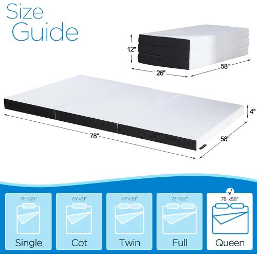 Size 4-inch Queen Size Color White Tri-Fold Memory Foam Mattress, Foldable for Indoor, RV/Camper Van, Travel, Camping, and Guest Rooms, with Breathable Cover & Non-Slip Bottom, 78x58x4 inches