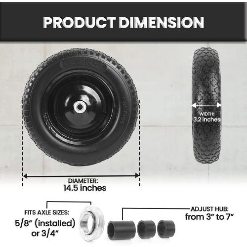 (2-PACK) 4.80/4.00-8 Flat Free Tire and Wheel - Universal Fit 14.5 Solid Wheelbarrow Tires with 3 Hub and 5/8 Bearings – Extra Adapter kit includes 3/4 Ball Bearings, 1 and 1/2 Nylon Spacers