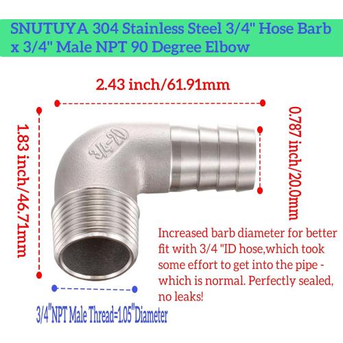3/4 Hose Barb x 3/4 Male NPT 304 Stainless Steel 90 Degree Elbow- Home Brew Pipe Fitting，lead-free，2 pcs
