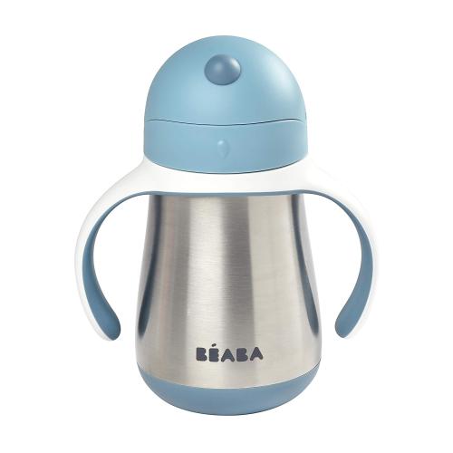Beaba Stainless Steel Straw Sippy Cup, Insulated Toddler Cups Spill Proof with Removable Handles, Made with High Grade Stainless Steel, 8  months, 8.5 oz (Rain)