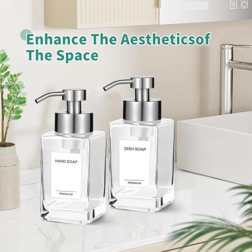 Foaming Soap Dispenser, 12oz/350ml Glass Foaming Hand Soap Dispenser Set,Refillable Foam Dispenser with Foaming Pump, Labels, Square Hand Dispenser for Bathroom, Kitchen 1 Pack