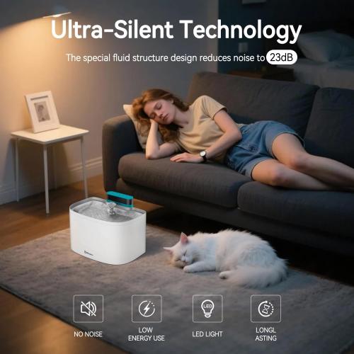 Cat Water Fountain, App Control Wireless Cat Fountain, 122oz/3.6L Pumpless Water Fountains for Cats Indoor with Stainless Steel Tray, Wi-Fi Dog and Pet Water Fountain (White, Fountain 2 Fliters)