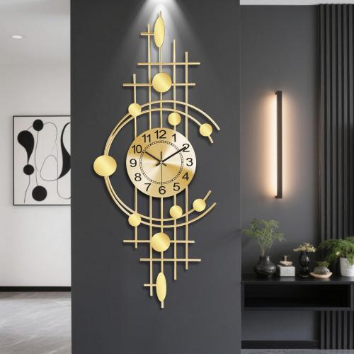 Wall Clock for Living Room, Silent Quality Quartz Battery Operated, Golden Metal Decorative Large Wall Clock for Kitchen,Home,Bathroom,Bedroom Home Decor,14.6x36.3inch