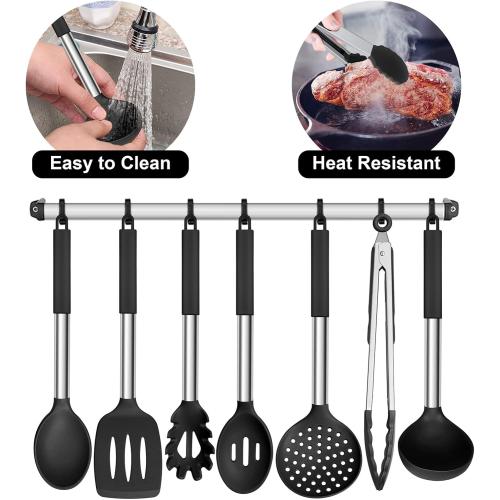 E-far Silicone Cooking Utensils Set, 7 Pcs Heat Resistant Kitchen Utensils with Stainless Steel Handle, Slotted Turner, Spoon, Soup Ladle, Pasta Server, Skimmer, Tongs for Nonstick Cookware, Black