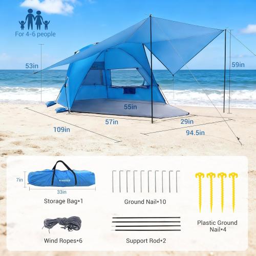 Elegear CumbreX™ Beach Tent with 360° Removable Canopy, 4-6 Person Pop Up Sun Shade Shelter, UPF 50  Automated Installation Double Silver Coating Portable Lightweight Beach Cabana for Beach/Outdoor