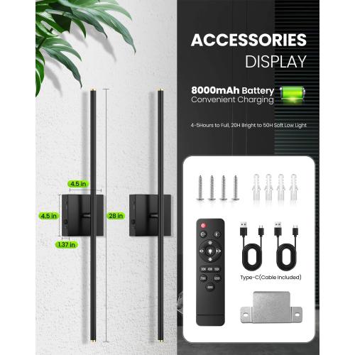 CLY Battery Operated Wall Sconce Set of 2: Rechargeable Wall Lights Wireless Sconces with Remote, 350° Rotate Dimmable Magnetic Wall Scone Lighting Decor for Bedroom Living Room Hallway, 28Inch