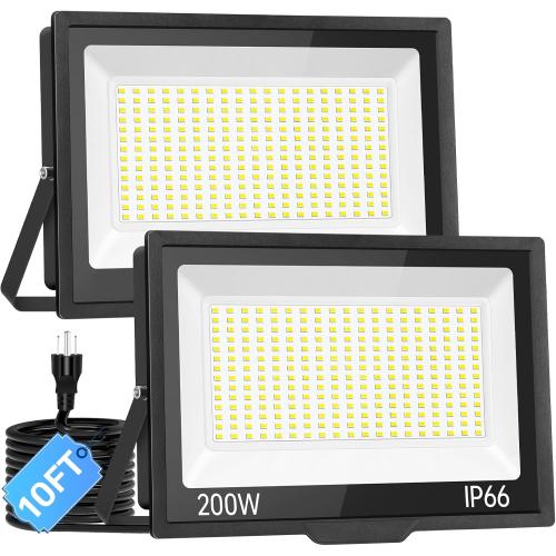200W LED Flood Light Outdoor with Plug 10ft Wire, 24000Lm Super Brighter Security Light, IP66 Waterproof LED Worklight, 5000K Daylight White Exterior Floodlight for Yard Garden Garage Stadium(2 Pack)