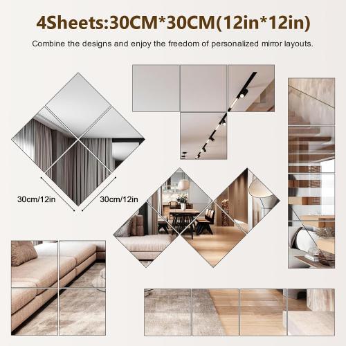 4 Pack Wall Mirror Full Length, 12 x 12 Inch Acrylic Mirror Tiles, Shatterproof Flexible Plastic Mirror Sheets for Bedroom Home Gym Door
