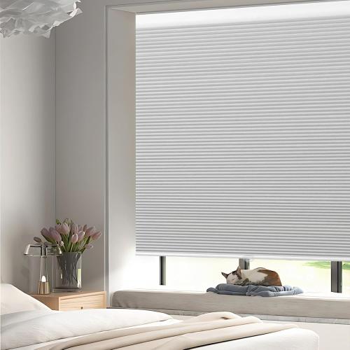 Color Grey Grandekor Cellular Shades Cordless, Honeycomb Blinds Blackout Thermal Insulated, Pull Down Window Shade for Bedroom, Easy Lift & Lower Room Darkening Blinds, White-White