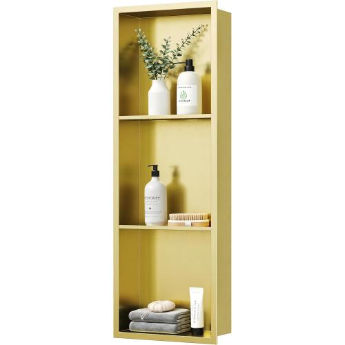Neodrain Stainless Steel Shower Niche, NO Tile Needed Recessed Shelf for Bathroom Storage, 3-Tier Recessed Built-in Wall Niche（12X36Inch，Gold）