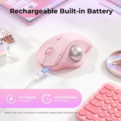 seenda Wireless Trackball Mouse, Ergonomic Bluetooth Rollerball,Rose Pink