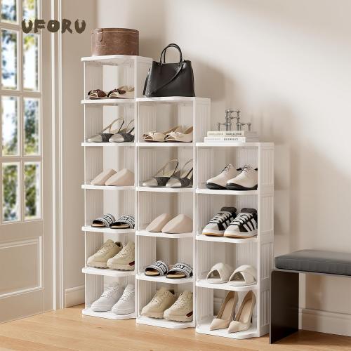 UFORU Small Shoe Rack, 7 Tier Plastic Vertical Shoe Rack for Small and Narrow Spaces, Free Standing Shoe Organizer for Closet, Entryway