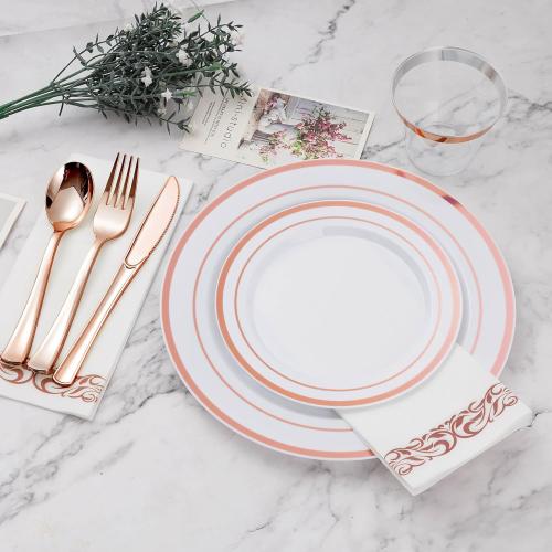 BESTVIP 700PCS Rose Gold Disposable Dinnerware Set for 100 Guests, Plastic Plates for Party, Wedding, Christmas, Include: 200 Plastic Plates, 100 Gold Silverware, 100 Cups, 100 Napkins