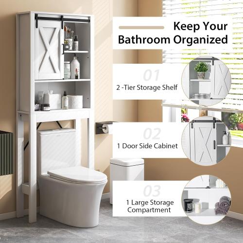 3-Tier Over The Toilet Storage Cabinet, Freestanding Bathroom Organizer Shelf with 3-Position Adjustable Shelves, Above Toilet Organizer with Sliding Barn Door, Space Saver, White