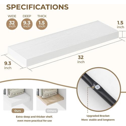 Dreamland 32 Inches Floating Shelves for Wall, 9.3 Deep Long Floating Shelves Set of 2, Large Display & Storage Shelf, Wall Shelf for Bathroom Bedroom Living Room Kitchen Office, White