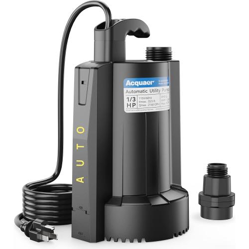 Acquaer 1/3 HP Automatic Submersible Water Sump Pump, 115V with 3/4” Garden Hose Check Valve Adapter,2160 GPH High Flow Water Removal for Swimming Pool Cover Hot Tubs Flooded House Basement