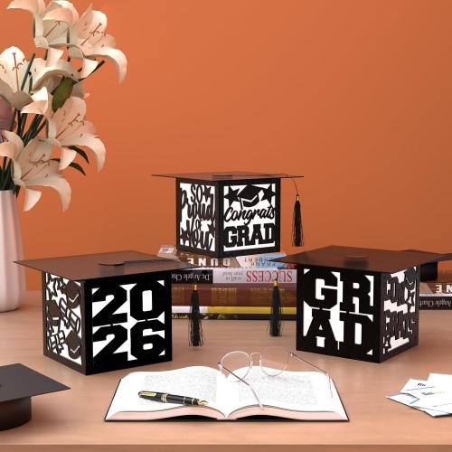 6 Pcs Graduation Table Centerpieces Boxes Class of 2026 Black Square Graduation Paper Lanterns with String Lights Hollow Out for Congrats Grad School College Table Decorations Grad Party Photo Props
