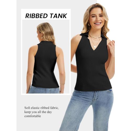 2XS.....Momtecanuo Women Ribbed Tank Top, Going Out Collared Camisole Top Business Casual Sleeveless V Neck Fitted Polo Shirt
