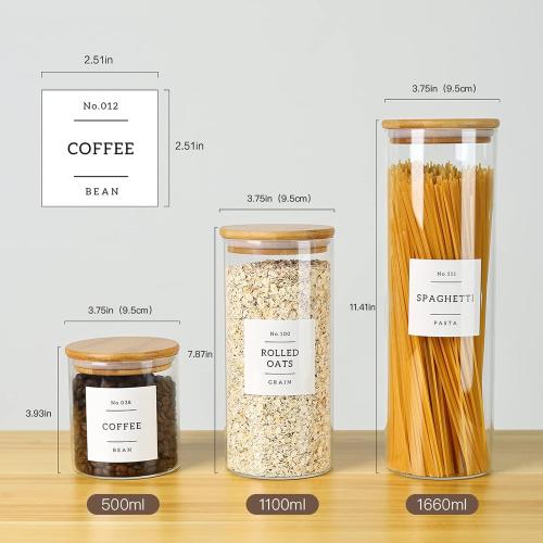 5 Pack Glass Jars with Bamboo Airtight Lids - Stackable Food Storage Containers with 132 Pantry Labels - with Wood Lid for Candy, Cookie, Rice, Sugar, Flour, Pasta, Nuts