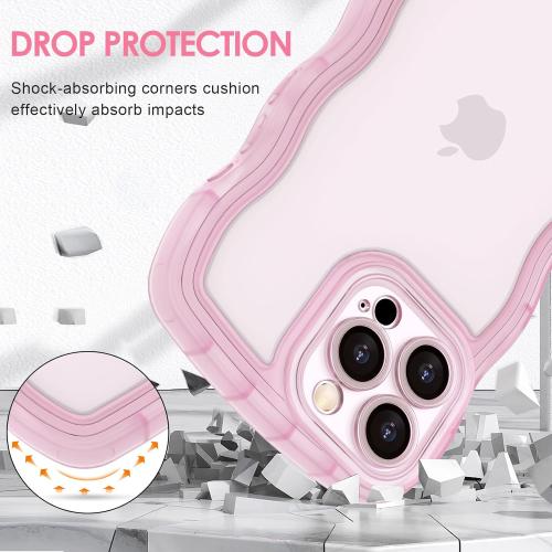 Clear Pink Anuck for iPhone 15 Pro Case Wavy Edge Clear Back Design, Anti-Slip Grip Cute Wave Curly Frame Shape Shockproof Soft TPU & Hard Bumper Protective Phone Case Cover for Women Girls