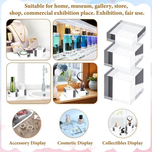 6 Packs Acrylic Square Display Block 3.15 x 3.15 inches Clear Polished Acrylic Square Display Cube, Solid Display Risers Stands Jewelry Display Pedestal Stand for Jewelry Ornaments Collection(3 Size)