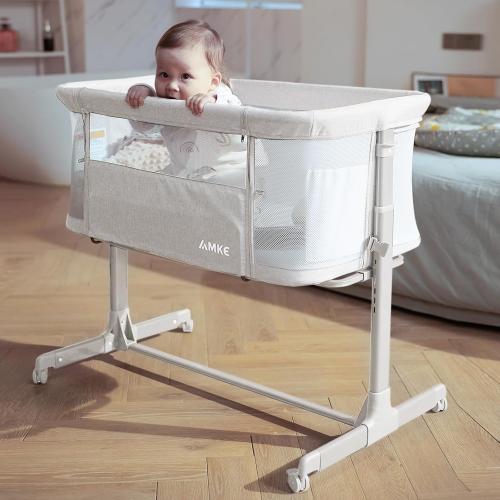 AMKE Baby Bassinets, Bedside Sleeper for Baby,All mesh Baby Crib Portable Bassinets for Safe Co-Sleeping, Safe Adjustable Baby Bed for Baby Infant Newborn Girl Boy (Ivory-White)