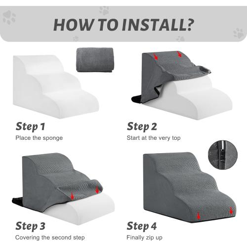 3 Step Foam Dog Stairs Replacement Cover (for AODISMAN Dog Ramp Only), Suitable Size: 22.4 L*15.7 W*15.7 H,Grey