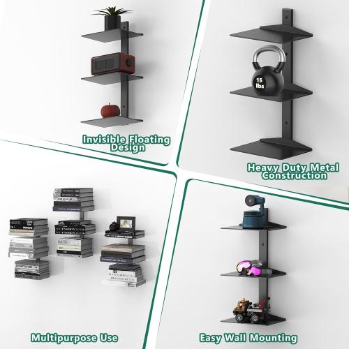 Invisible Floating Bookshelf for Wall Mounted, 2 Pack Black Spine Book Tower, 6 Tier Vertical Book Organizers, Heavy Duty Floating Book Shelves – No Assembly Required, for Office, Bedroom, Kids Room