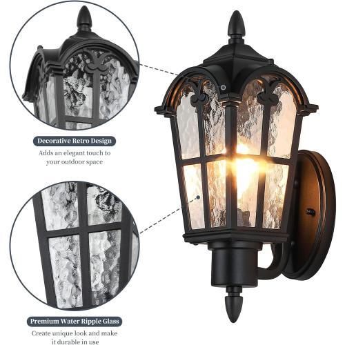Sucolite Outdoor Wall Light Fixtures Wall Mounted, Exterior Waterproof Porch Lights Wall Lanterns, Outside Wall Sconces with Water Ripple Glass for House Front Door Garage, Retro Vintage Style, 2 Pack