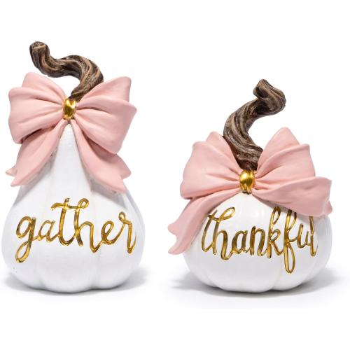 Hodao Thanksgiving White Pumpkin Decorations – Hand-Painted Resin Figurine Set with Pink Bow, Fall Harvest Autumn Ornaments, Gift for Mantel, Dining Table, Tiered Tray, Seasonal Home Décor