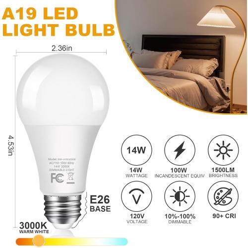 Warm White 10-Pack 14W LED Dimmable Light Bulbs, 100W Equivalent, A19 LED Bulbs - 1500LM, Warm White 3000K, No Flicker, E26 Base for Kitchen, Bedroom, Office