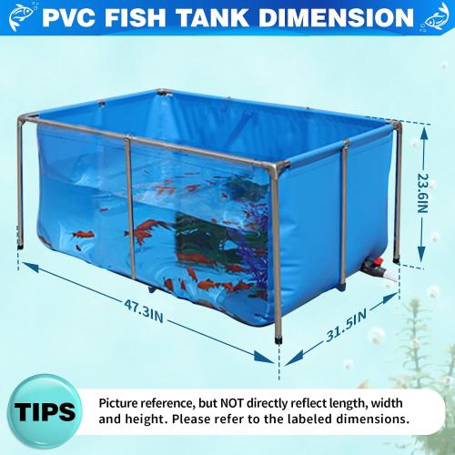 PVC KOI Aquarium Tank, Temporary Fish Tank with Clear Viewing Panel, KOI/Goldfish Pond with 304SS Frame & Drain Valve(47.3 L*31.5 W*23.6 H, About 135Gal Water Capacity)