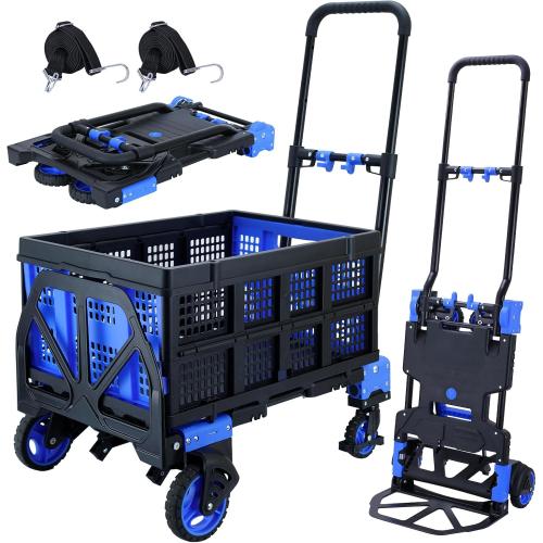 2 in 1 Hand Truck Dolly Foldable with Basket,Hand Truck Foldable with Retractable Handle,330LBS Capacity Folding Hand Cart,Portable Dolly Cart with Wheels for Moving