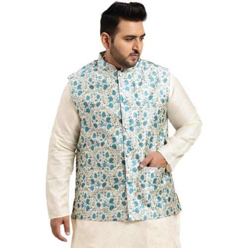 Size 54 color Beige with Blue flowers Sojanya PLUS (Since 1958), Men's Silk Blend Printed Nehru Jacket
