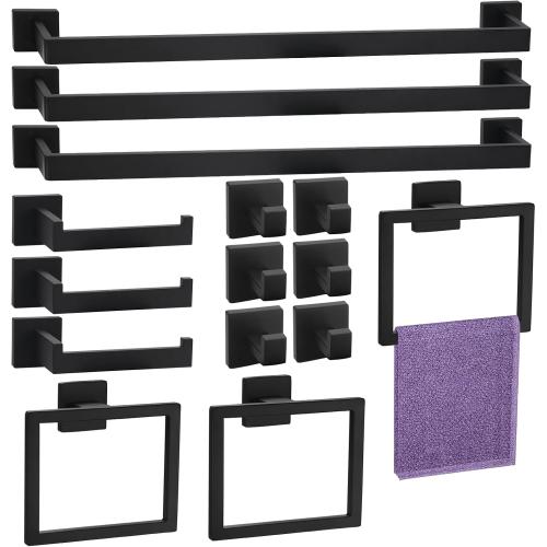 Set of 15 Pieces Color Black Bathroom Hardware Set, Matte Black Bathroom Accessories Set, Towel Racks for Bathroom, 23.6 Inch Bath Towel Bar Set Stainless Steel, Toilet Paper Holder Wall Mounted, Towel Ring, Towel Hook