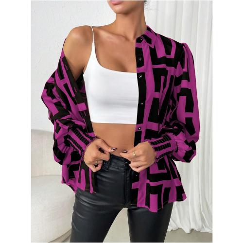 SweatyRocks Women's Graphic Print Long Lantern Sleeve Collar Neck Button Front Blouse Shirt Top Medium
