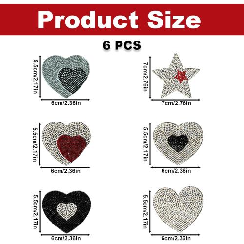 6PCS Heart Star Shaped Rhinestone Iron on Patches, 6 Styles Bling Crystal Decals for Car, Heart Diamond Iron on Patch for Valentine's Day DIY Crafts Scrapbook Laptop Phone Cup Shoes Party Decoration