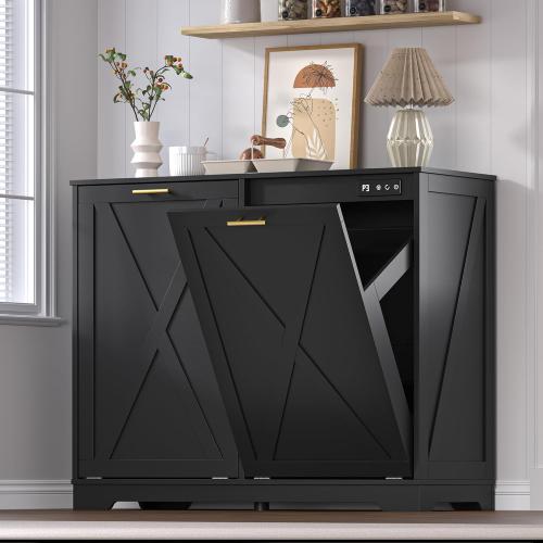 Color Black Tilt Out Trash Can Cabinet for 2 Bins, Hidden Recycle Garbage Bin Enclosure, Wooden Double Laundry Cabinet with Odor Control, Negative Ion & Ozone, for Kitchen, Bathroom, Laundry Room
