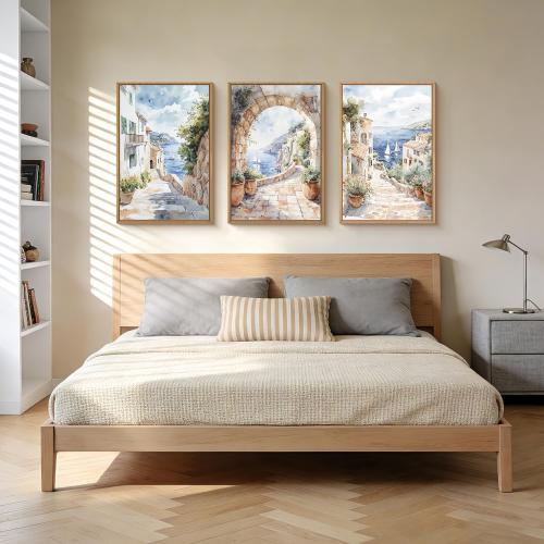 LHIUEM Watercolor Italy Coast Framed Canvas Wall Art,Modern Europe Countryside Wall Decor,Seascape Painting,Neutral Mediterranean Artwork for Living Room,Bedroom,Dining Room -16x24x3