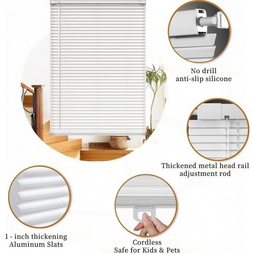 No Tools No Drill 1 Aluminium Mini Blinds,Cordless Venetian Blinds Light Filtering，Blackout，UV Protection，Horizontal Blinds and Shades for Window Door Size.White