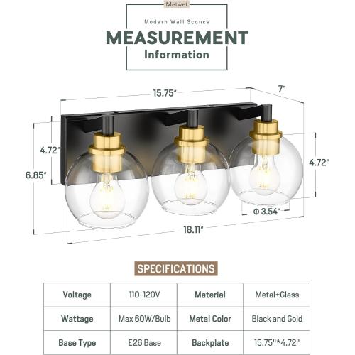 METWET Bathroom Light Fixtures, 3-Light Black and Gold Bathroom Vanity Light, Modern Wall Sconces with Globe Clear Glass Shade, Vanity Lighting Fixtures Over Mirror, VL195-KG-3