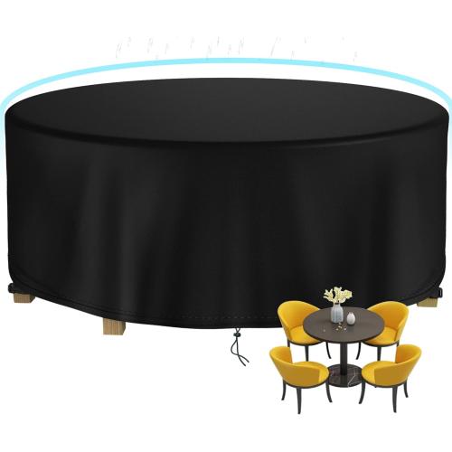 Round Patio Table Cover Waterproof, 62 Diax25 H Heavy Duty Oxford Fabric Outdoor Patio Furniture Cover Patio Table Chair Set Covers for Garden Round Table Dining Set, Black