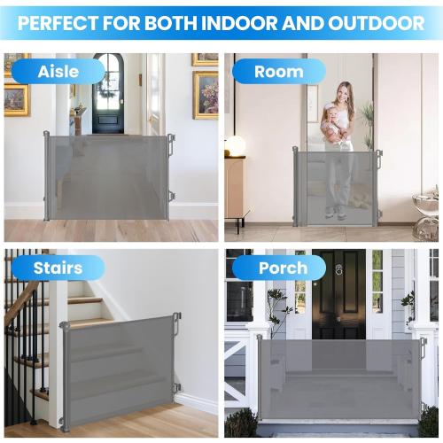 Grey Retractable Safety Baby Gate or Mesh Dog Gate,Durable Portable Mesh Retractable Gate,Easy to Use for Stairs, Doorways, Hallways, Indoor, Outdoor, 33.5 Tall, Up to 45 Wide, Gray