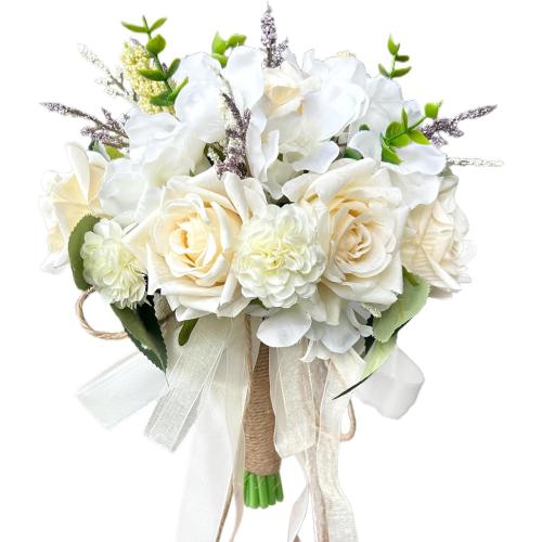 Wedding Bouquets for Bride Bridesmaid,Large Big Bridal Bouquet White Champagne Ivory Artificial Fake Silk Roses Flowers for Wedding French Vintage Boho Rustic Church Decoration Toss Bouquet (9.5in(L))