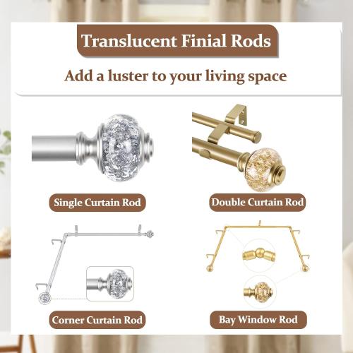 1 Inch Curtain Rods 72 to 144 Inches (6 to 12 ft) Telescoping Single Drapery Rod, USFOOK Heavy Duty Curtain Rods for Windows with Silver Decorative Translucent Finials