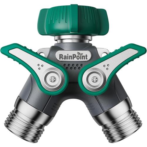 RAINPOINT Garden Hose Splitter 2 Way Heavy Duty, 3/4'' Connector Water Hose Bib Y Spigot Splitter with Shut-Off Valve, 100% Metal Body Full Flow Outdoor Water Faucet Adapter Fittings (1 Pack)