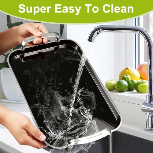 3 Pack Serving Tray with Handles, Stackable Reusable Trays for Serving Food, Plastic Serving Platters for Party, Charcuterie, Fruit, Appetizer, Black Silver