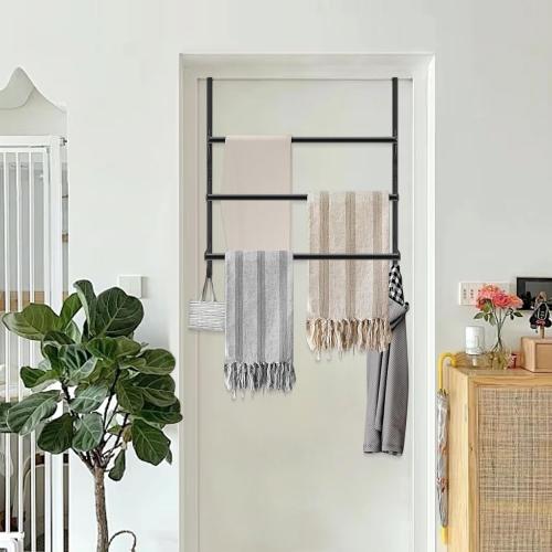 Livabber 3-Tier Over The Door Towel Rack, All Metal Towel Rack with Hooks for Door Hanging, Behind Door Towel Bar Towel Storage Holder for Bathroom Accessories, Black (22.8 L x 5.9 W x 24.4 H)